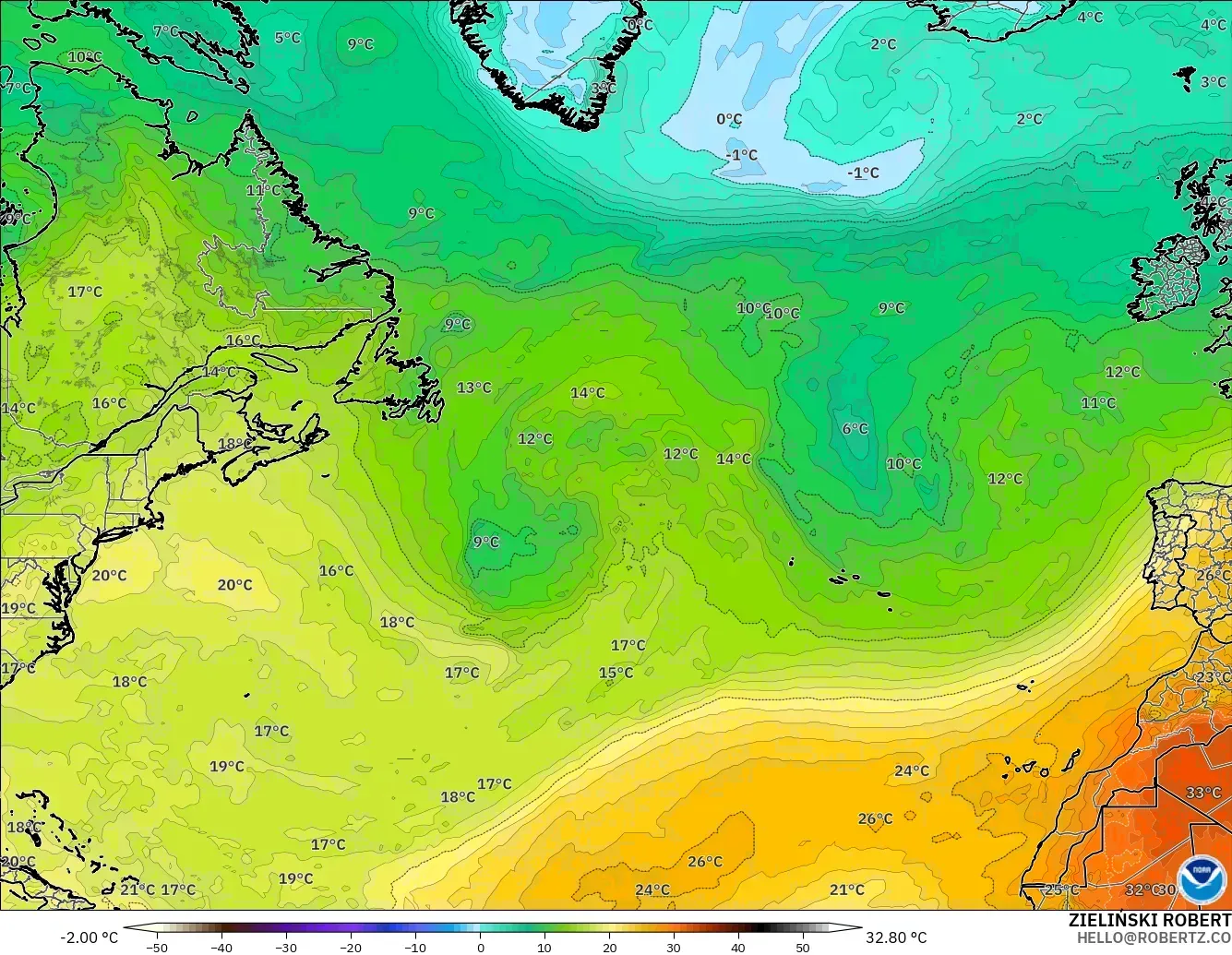 GFS model - Atlantik Utara, Suhu 850 hPa
