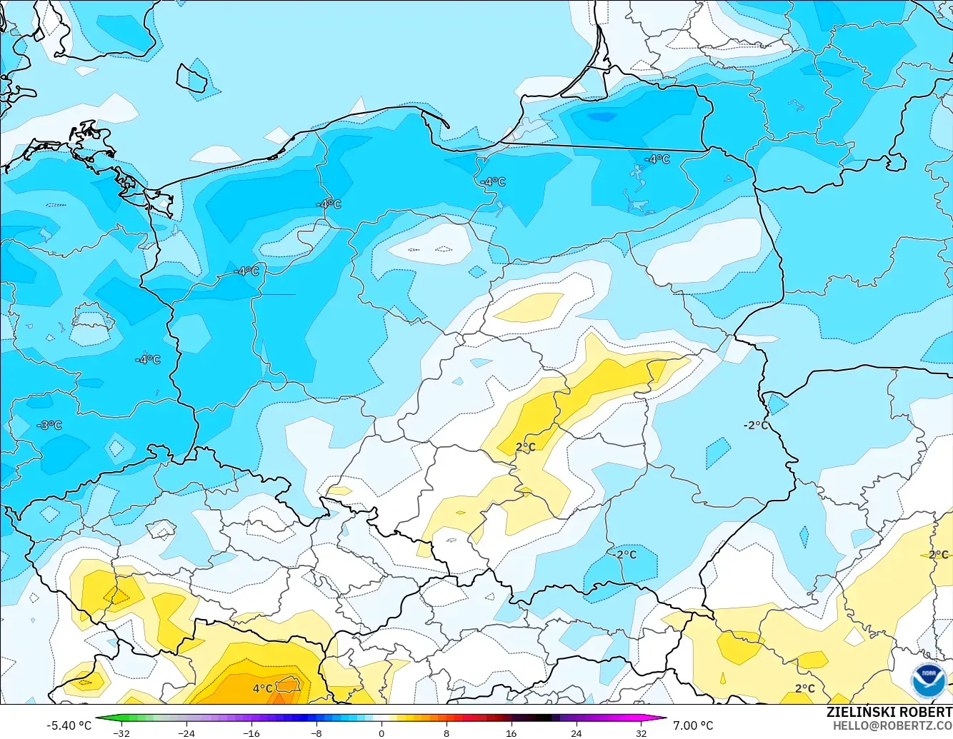 GFS model - Polandia, Anomali Suhu 2 m