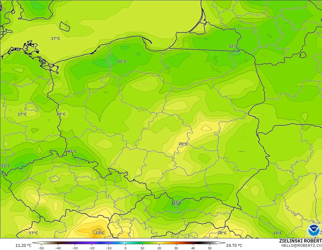 GFS model - Polandia, Suhu 2 m