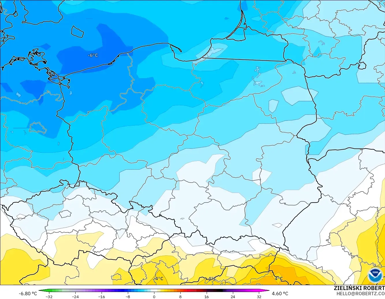 GFS model - Polandia, Anomali Suhu 850 hPa