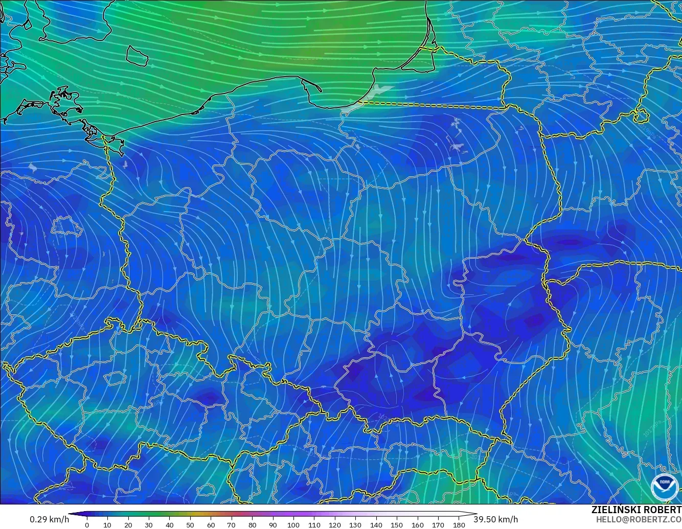 GFS model - Polandia, Angin 10 m