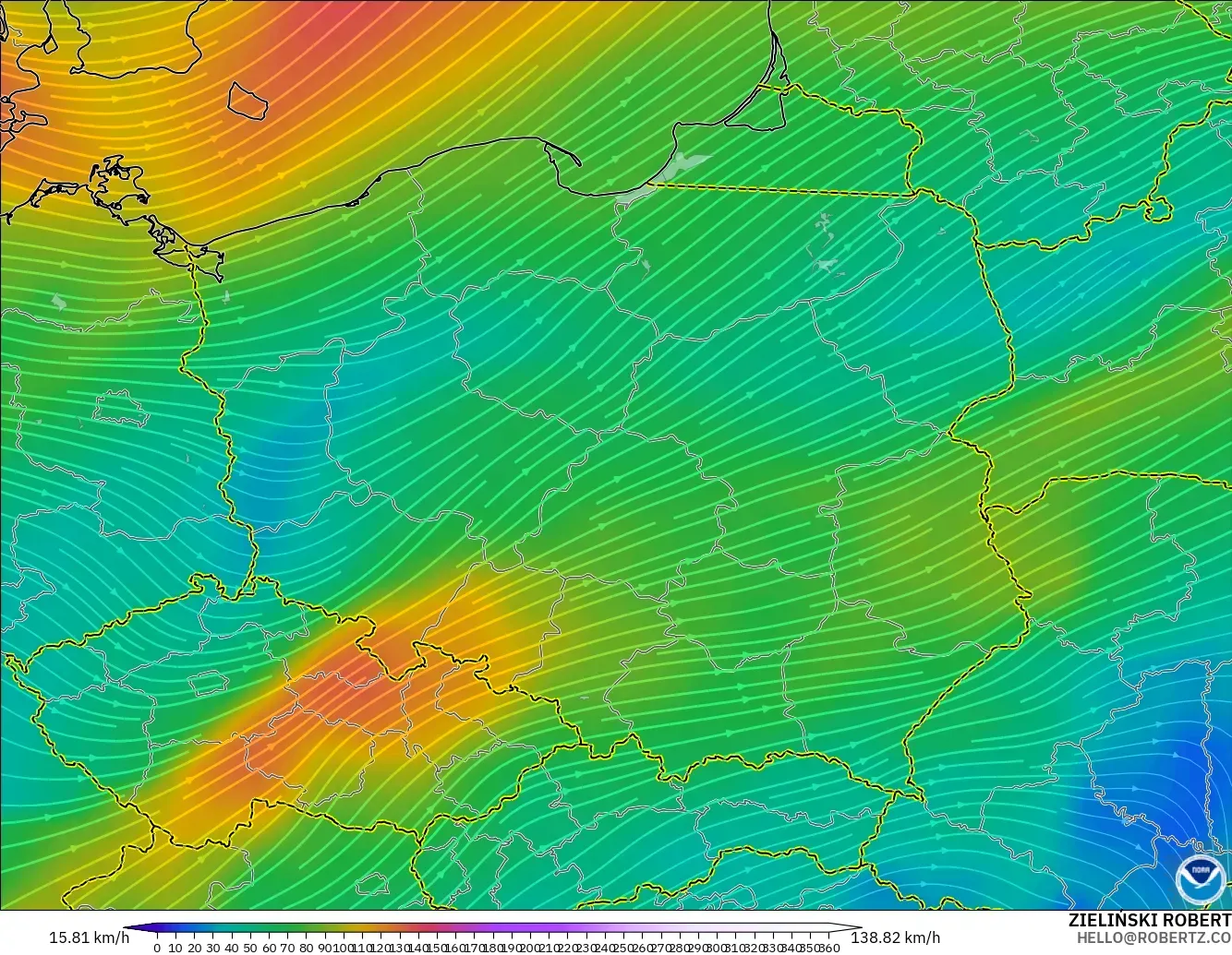 GFS model - Polandia, Angin 300 hPa (aliran jet)