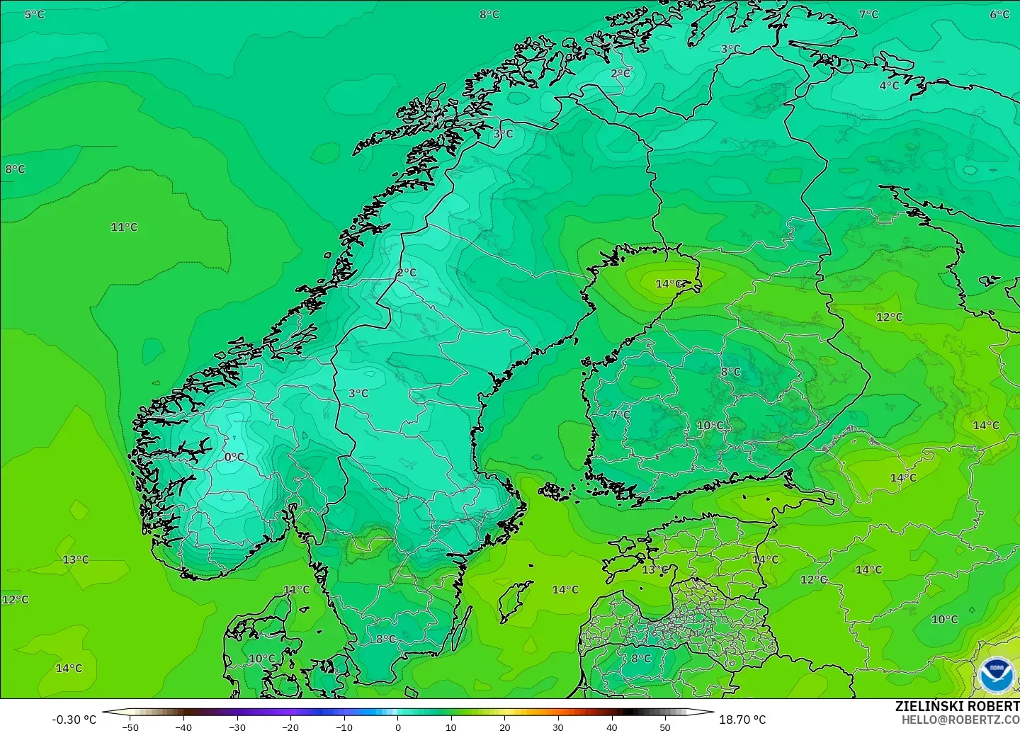 GFS model - Skandinavia, Titik Embun 2 m