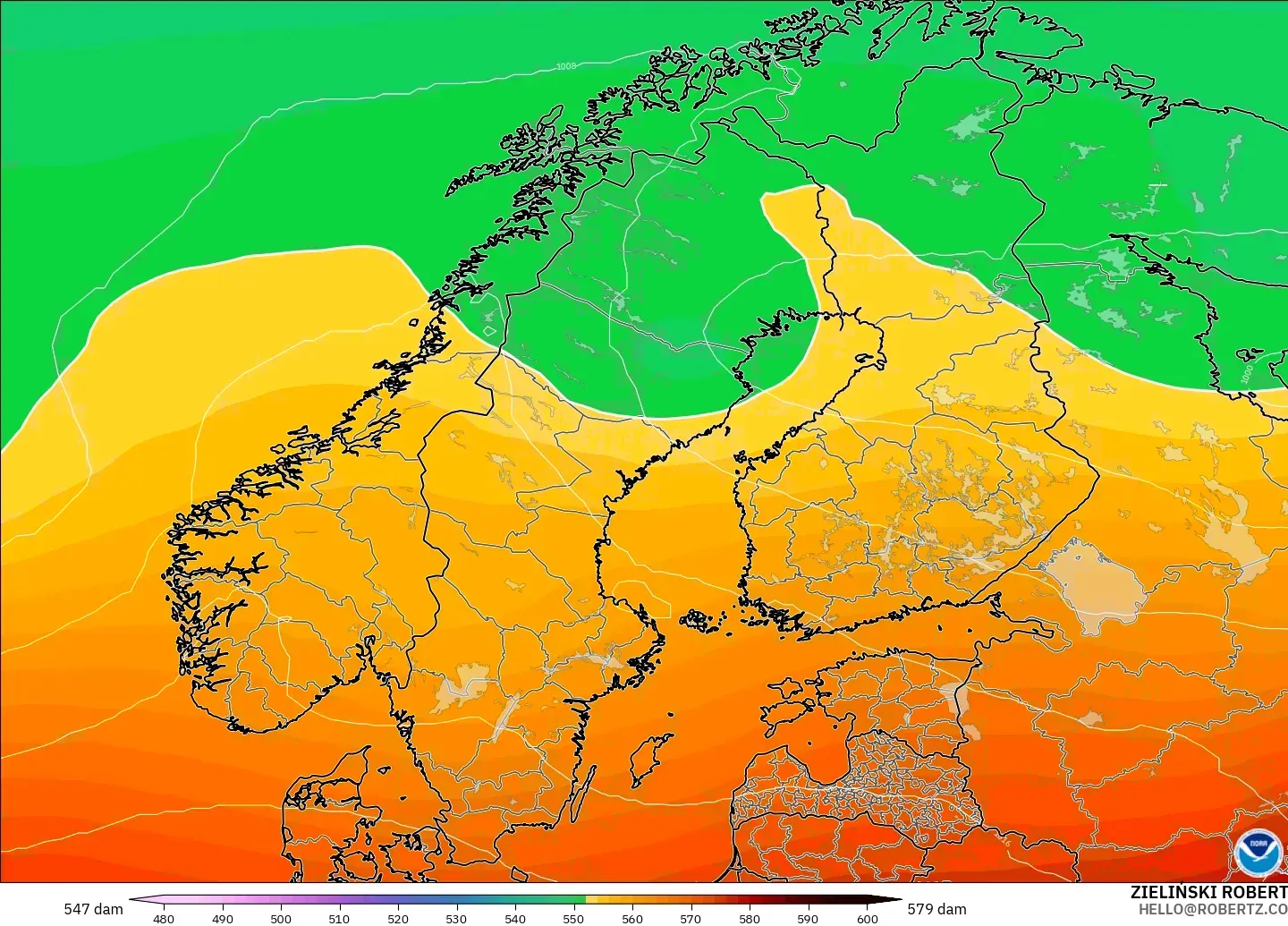 GFS model - Skandinavia, Ketinggian geopotensial pada 500 hPa