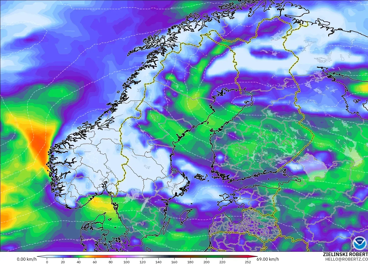 GFS model - Skandinavia, Puncak Hembusan