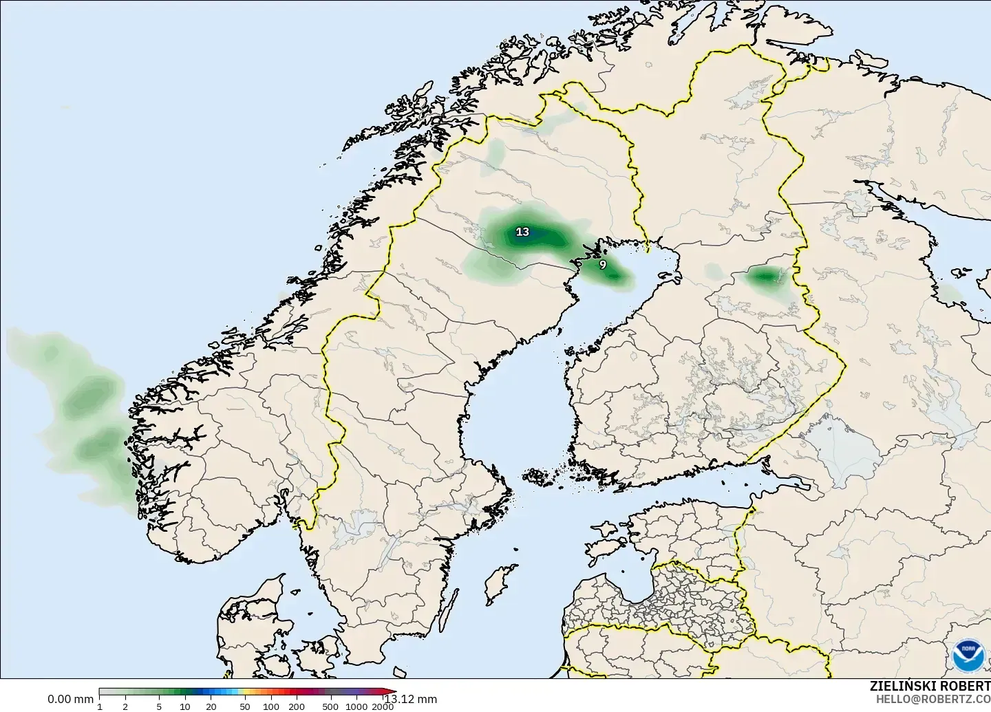 GFS model - Skandinavia, Akumulasi Curah Hujan