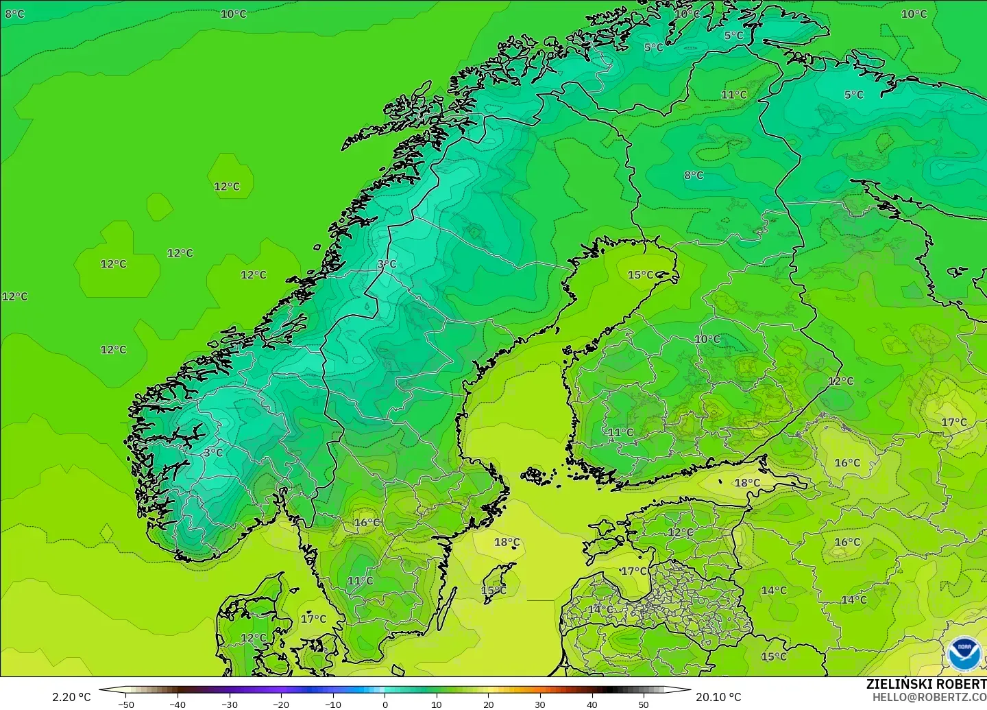GFS model - Skandinavia, Suhu 2 m