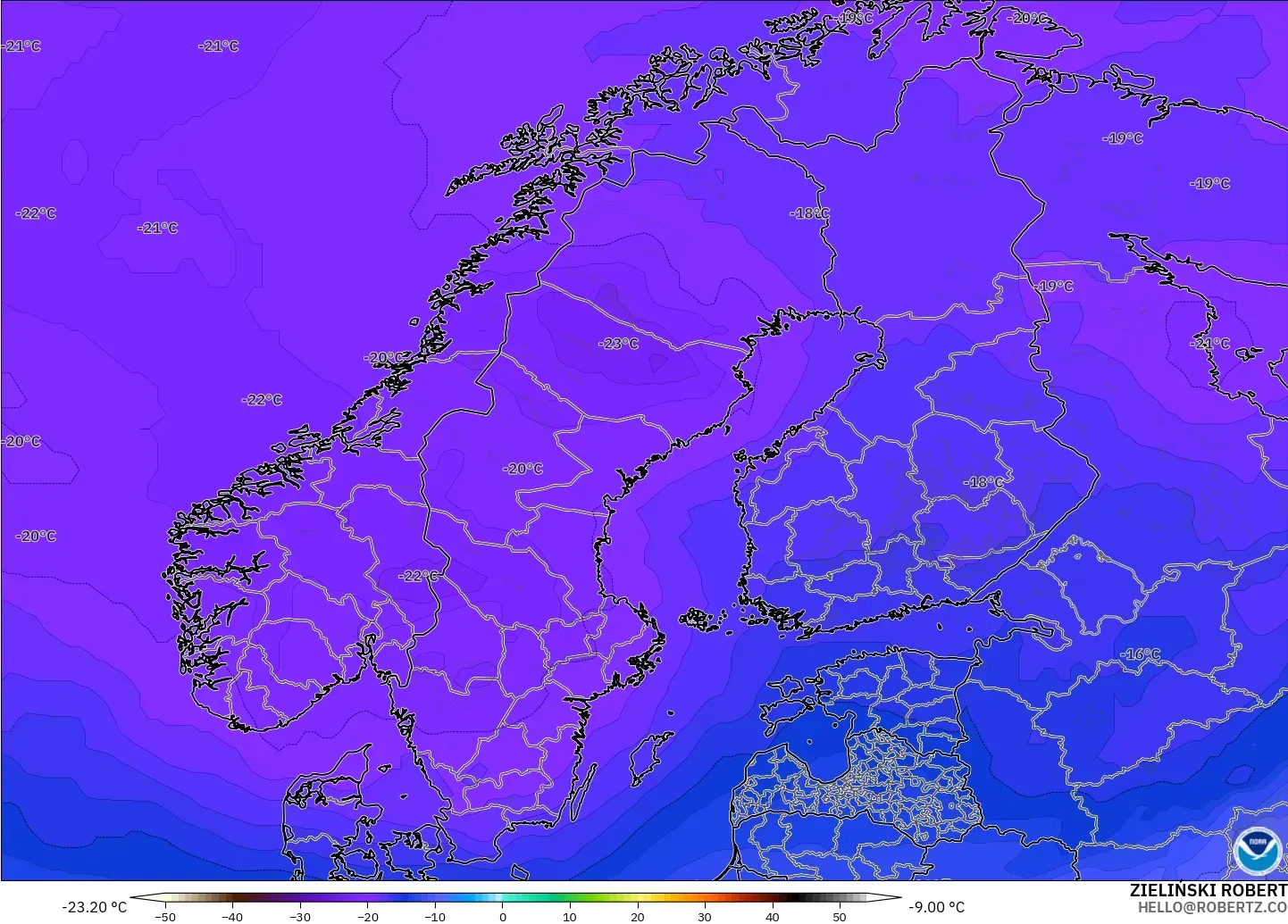 GFS model - Skandinavia, Suhu 500 hPa