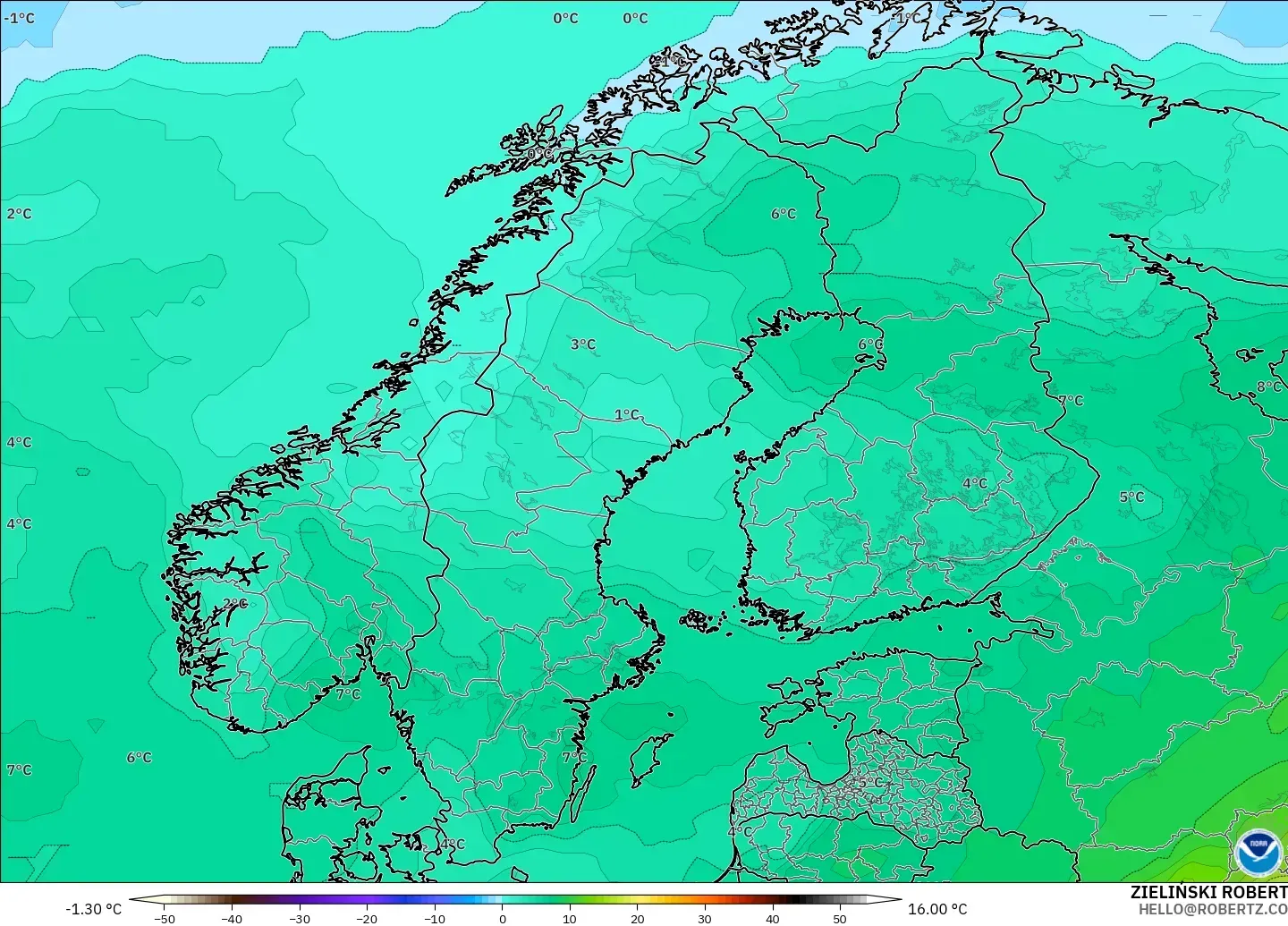 GFS model - Skandinavia, Suhu 850 hPa