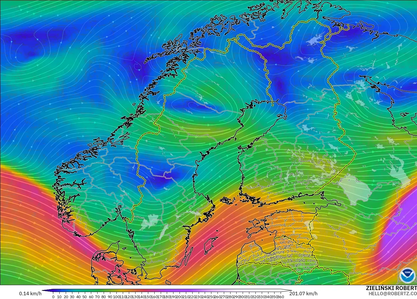 GFS model - Skandinavia, Angin 300 hPa (aliran jet)