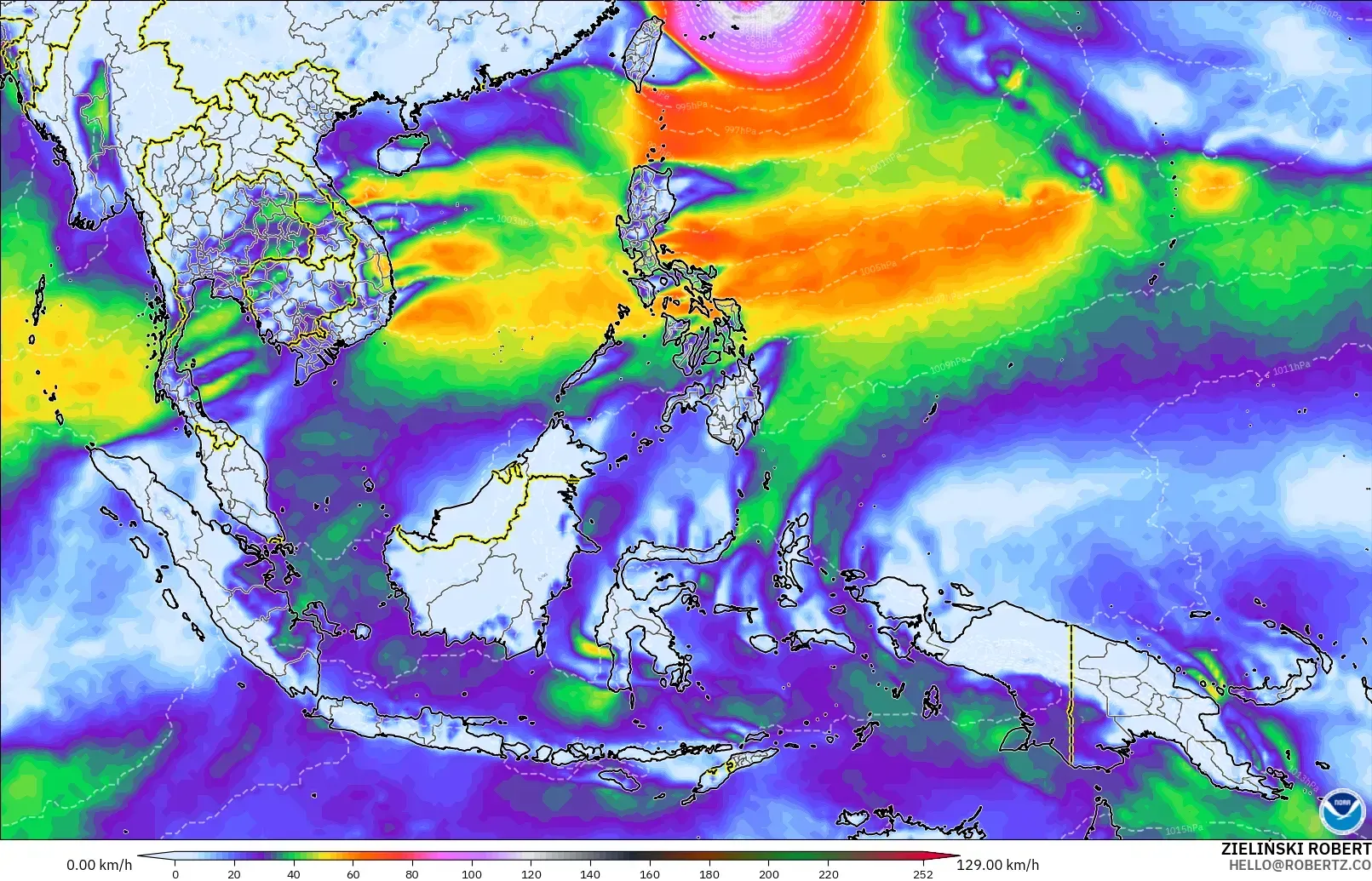 GFS model - Asia Tenggara, Hembusan Angin