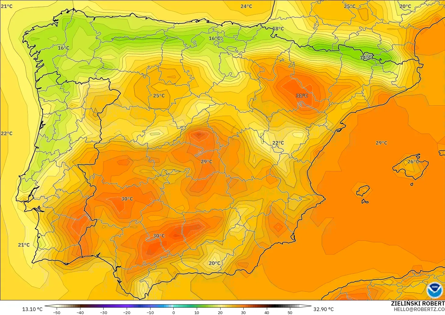 GFS model - Spanyol, Suhu 2 m