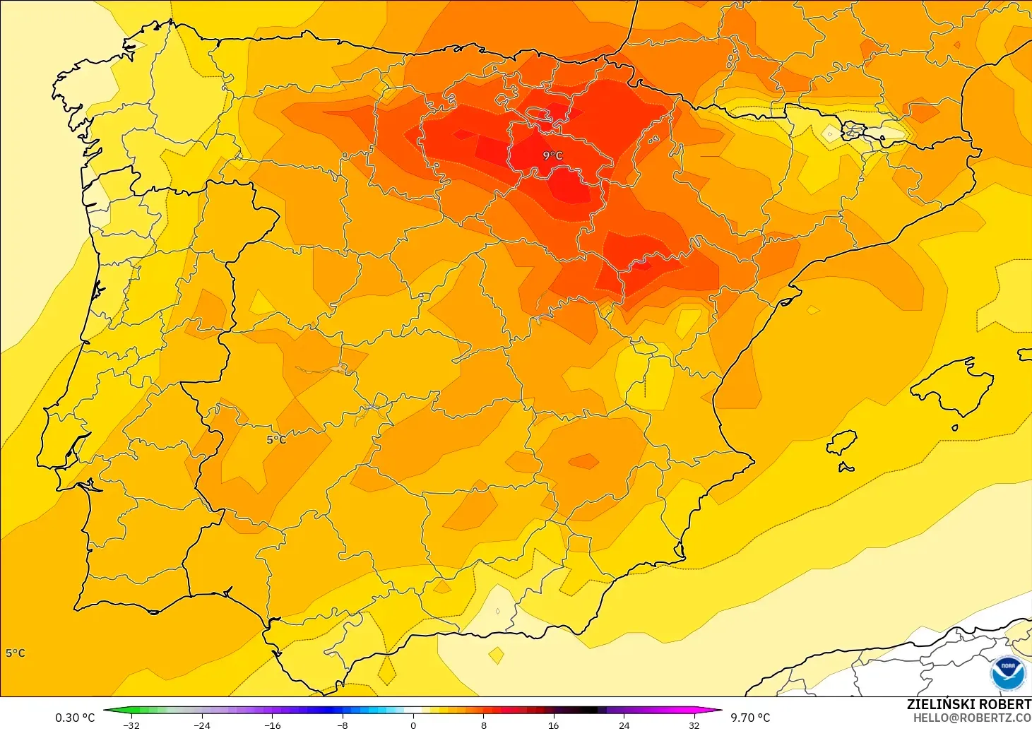 GFS model - Spanyol, Anomali Suhu 850 hPa