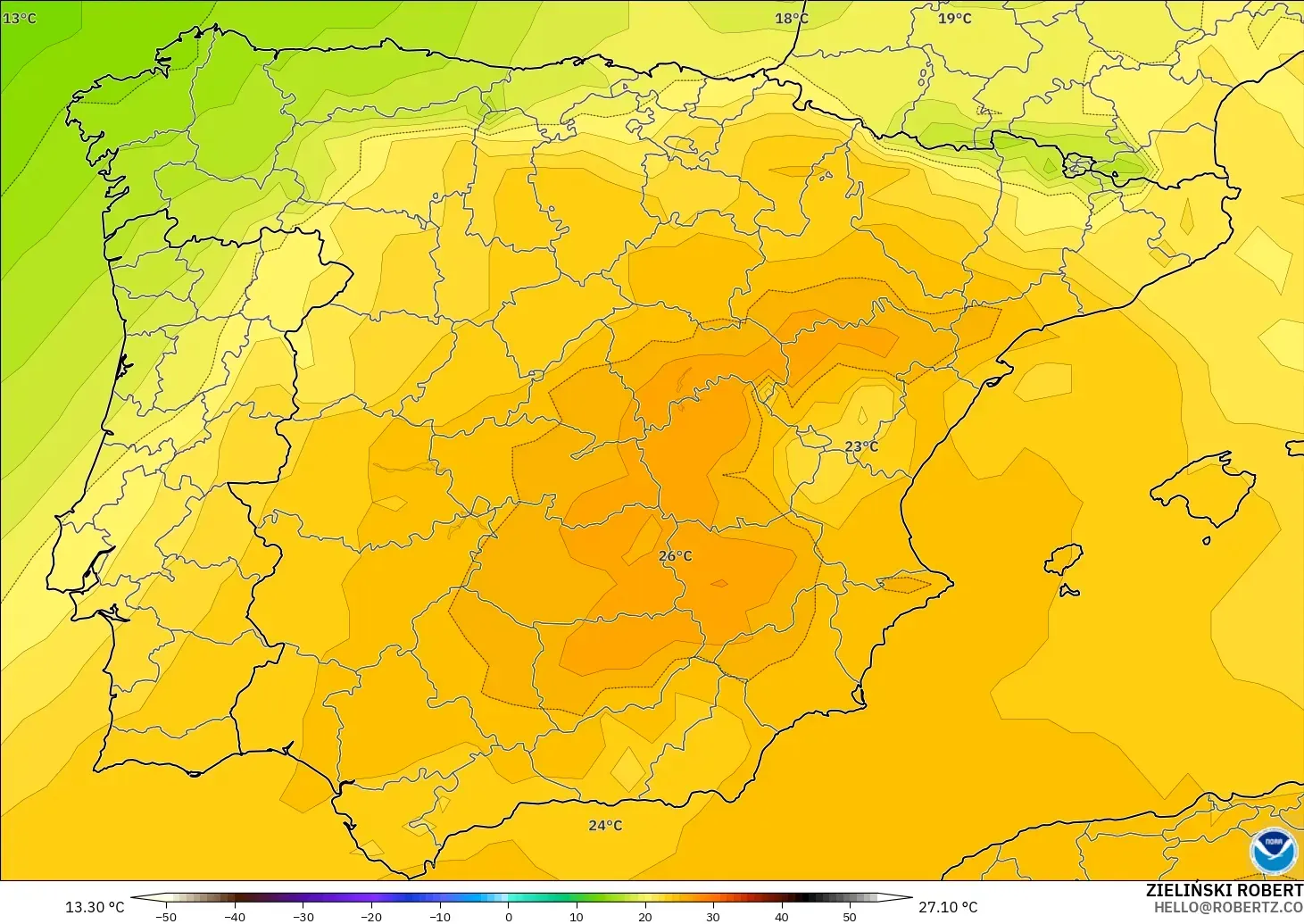 GFS model - Spanyol, Suhu 850 hPa