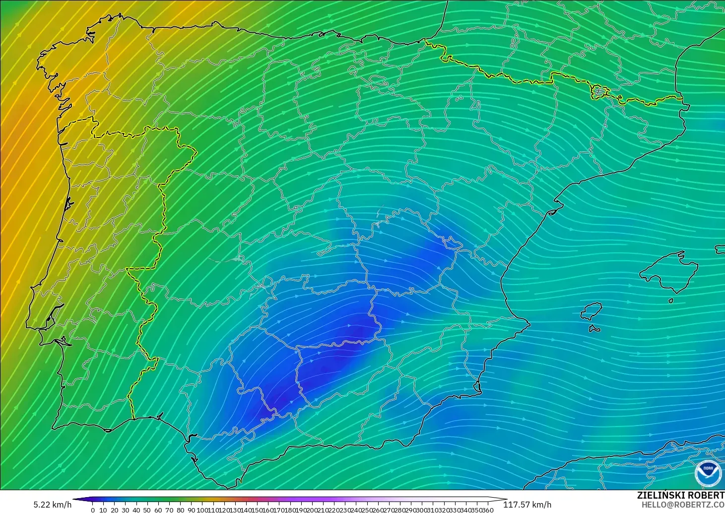 GFS model - Spanyol, Angin 300 hPa (aliran jet)