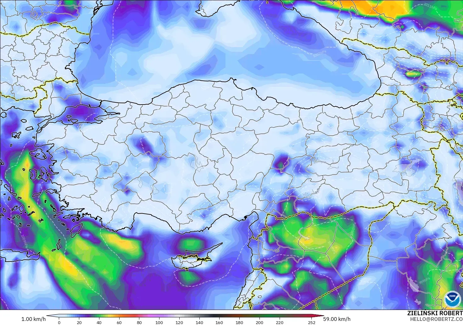 GFS model - Turki, Hembusan Angin