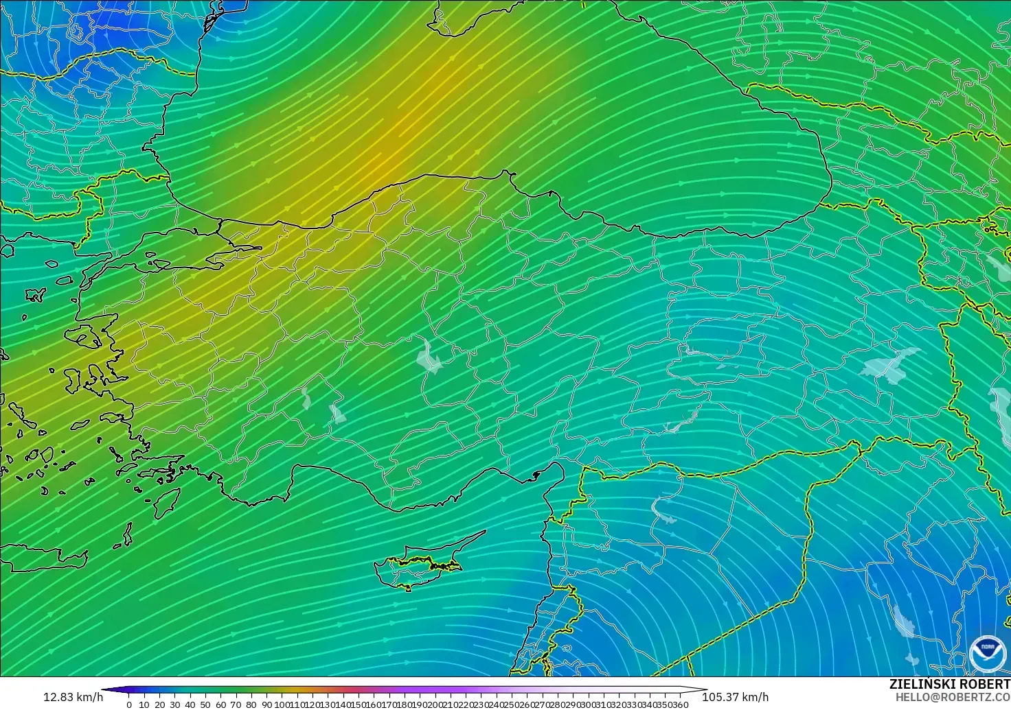 GFS model - Turki, Angin 300 hPa (aliran jet)