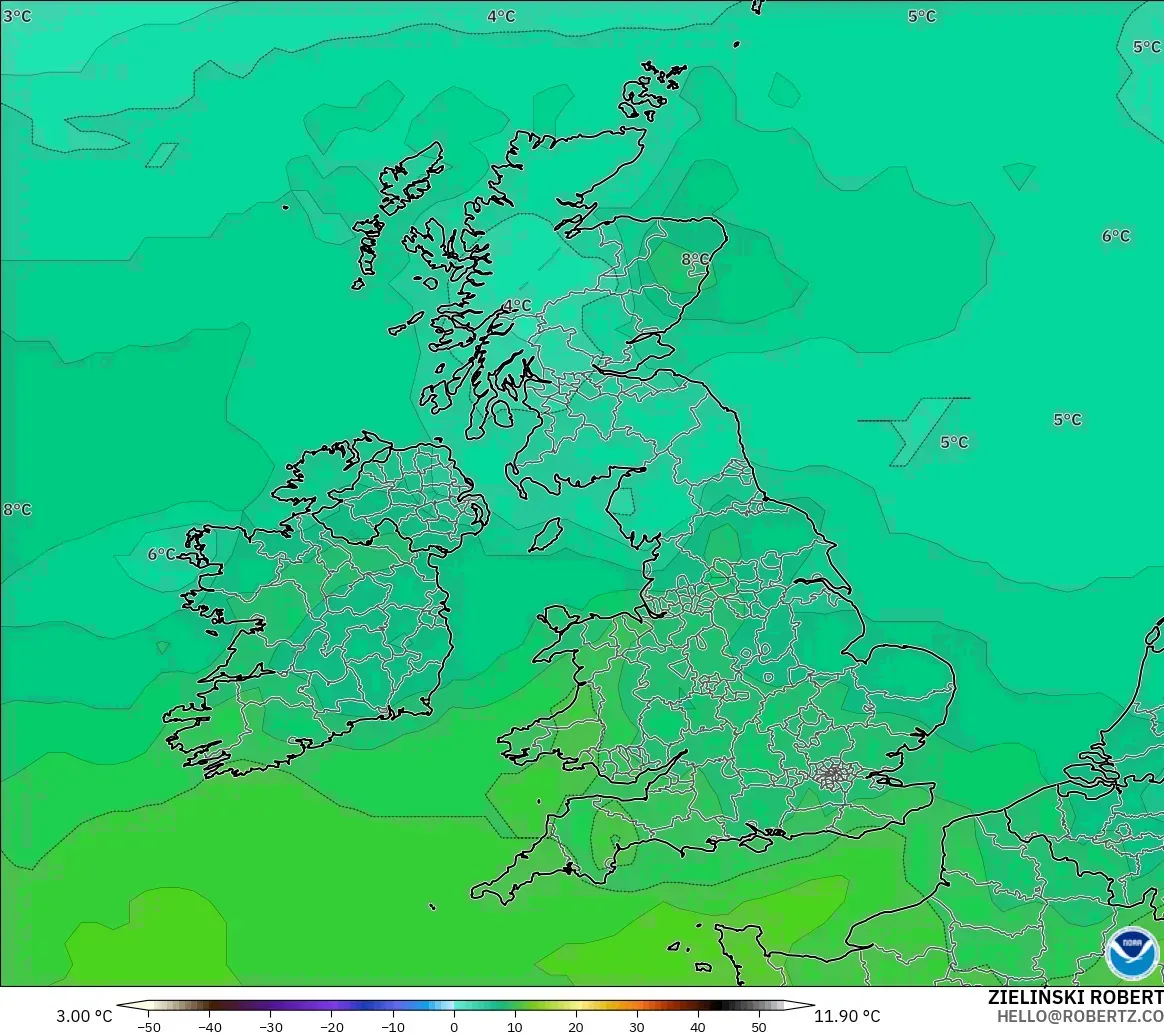 GFS model - Britania Raya, Suhu 850 hPa