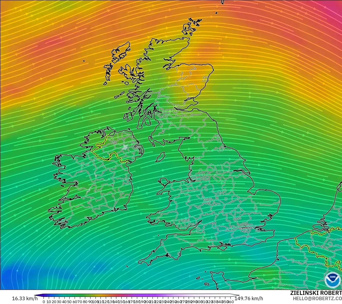 GFS model - Britania Raya, Angin 300 hPa (aliran jet)