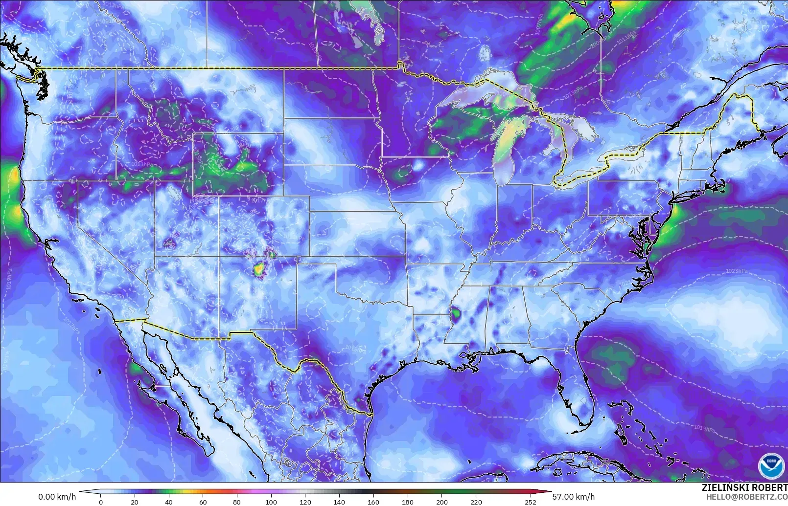 GFS model - Amerika Serikat, Hembusan Angin