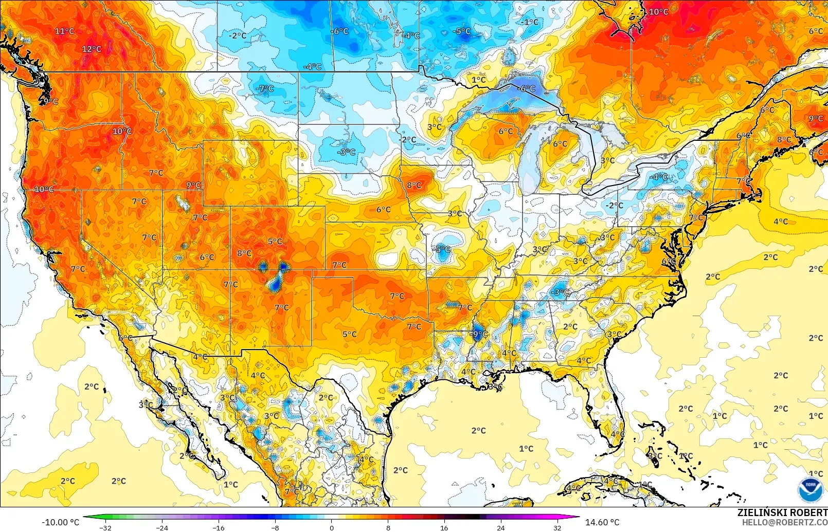 GFS model - Amerika Serikat, Anomali Suhu 2 m