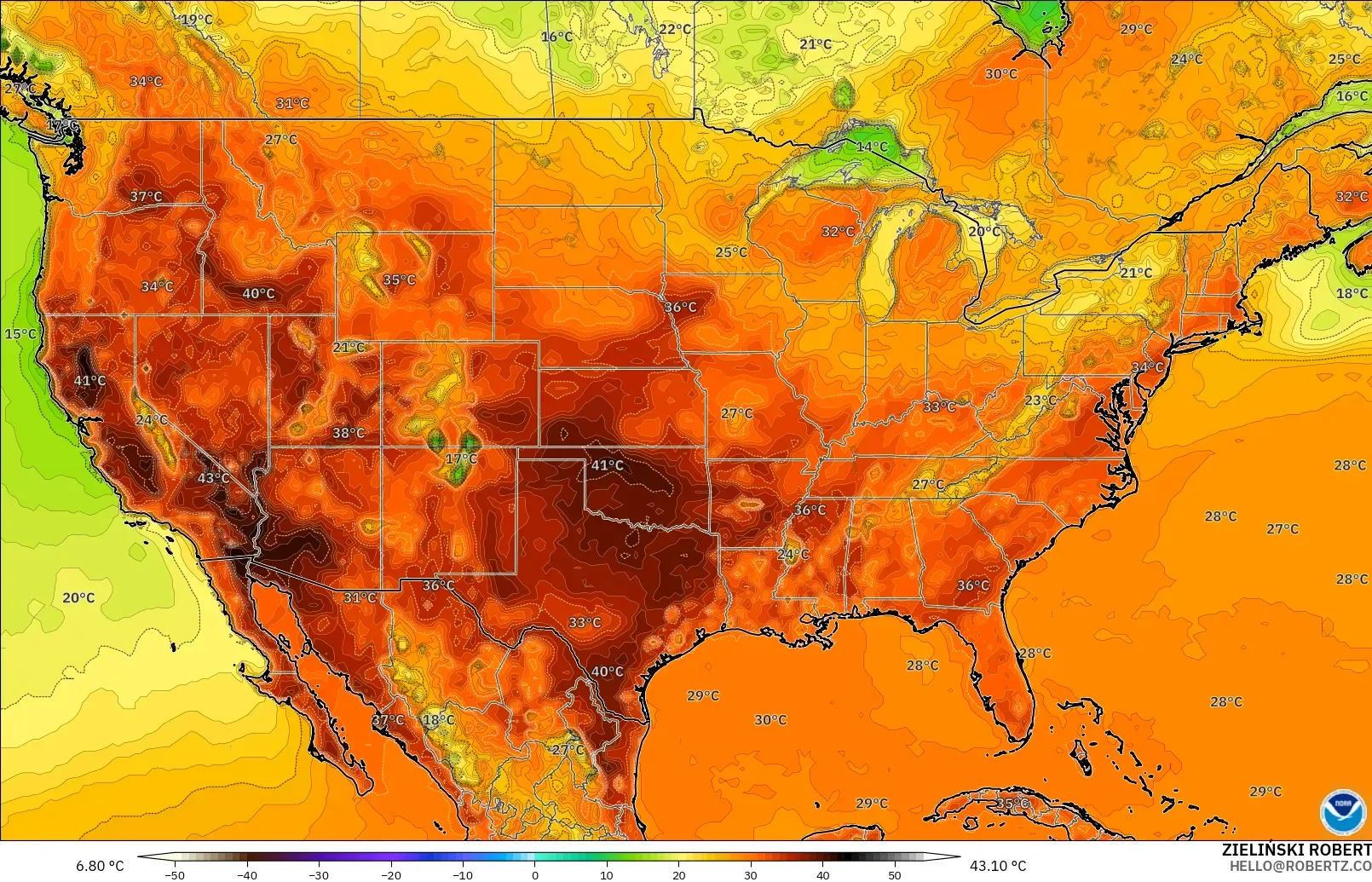 GFS model - Amerika Serikat, Suhu 2 m