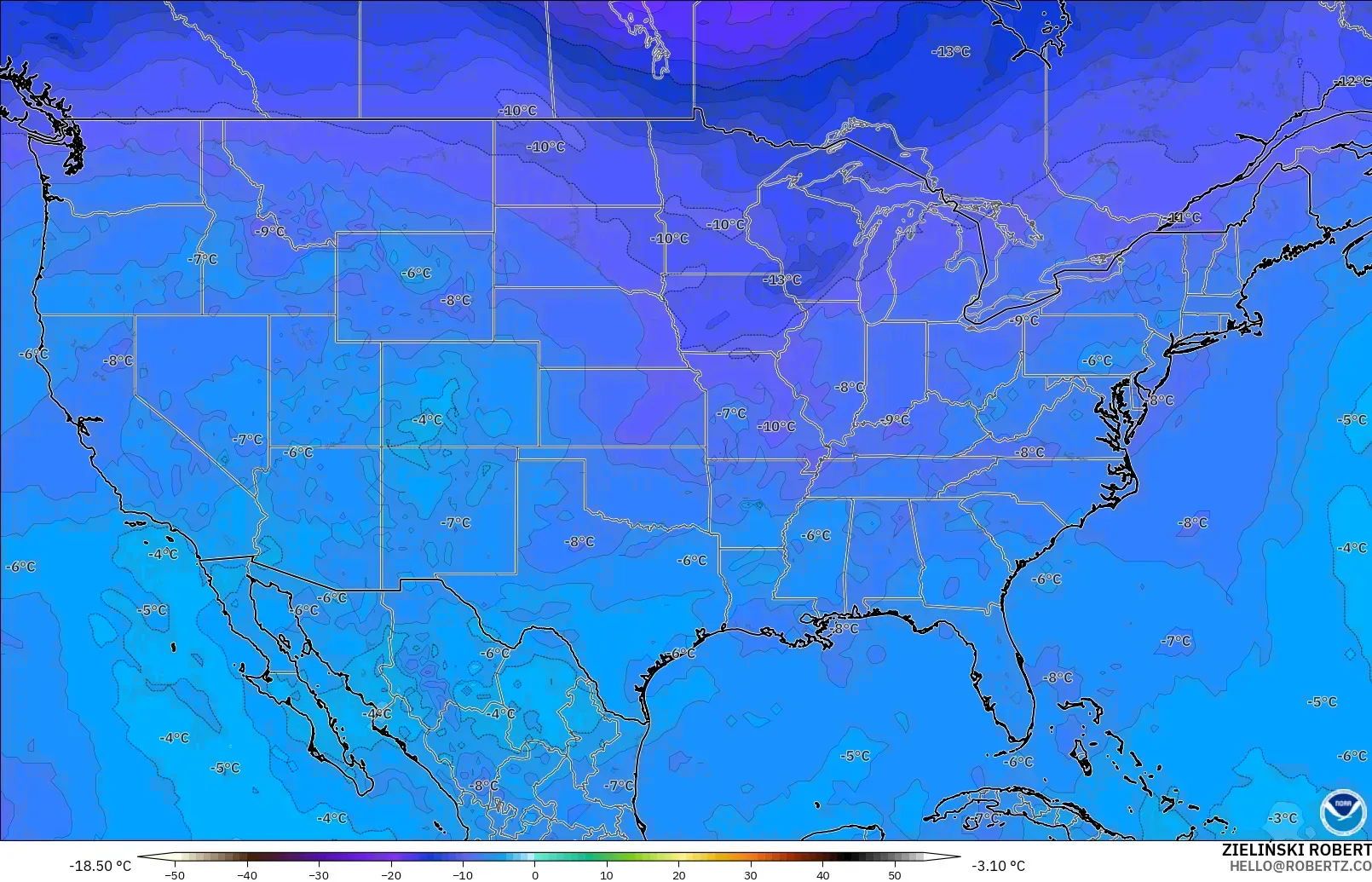 GFS model - Amerika Serikat, Suhu 500 hPa