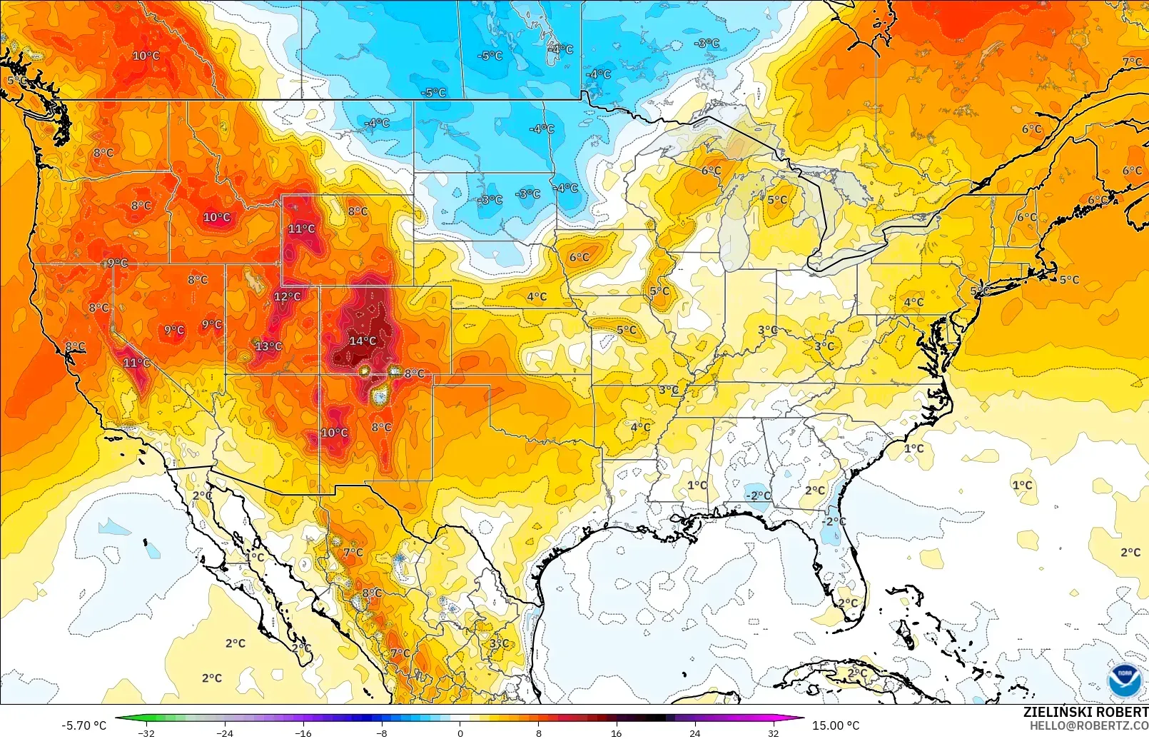 GFS model - Amerika Serikat, Anomali Suhu 850 hPa