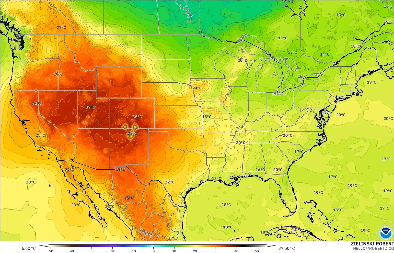 GFS model - Amerika Serikat, Suhu 850 hPa