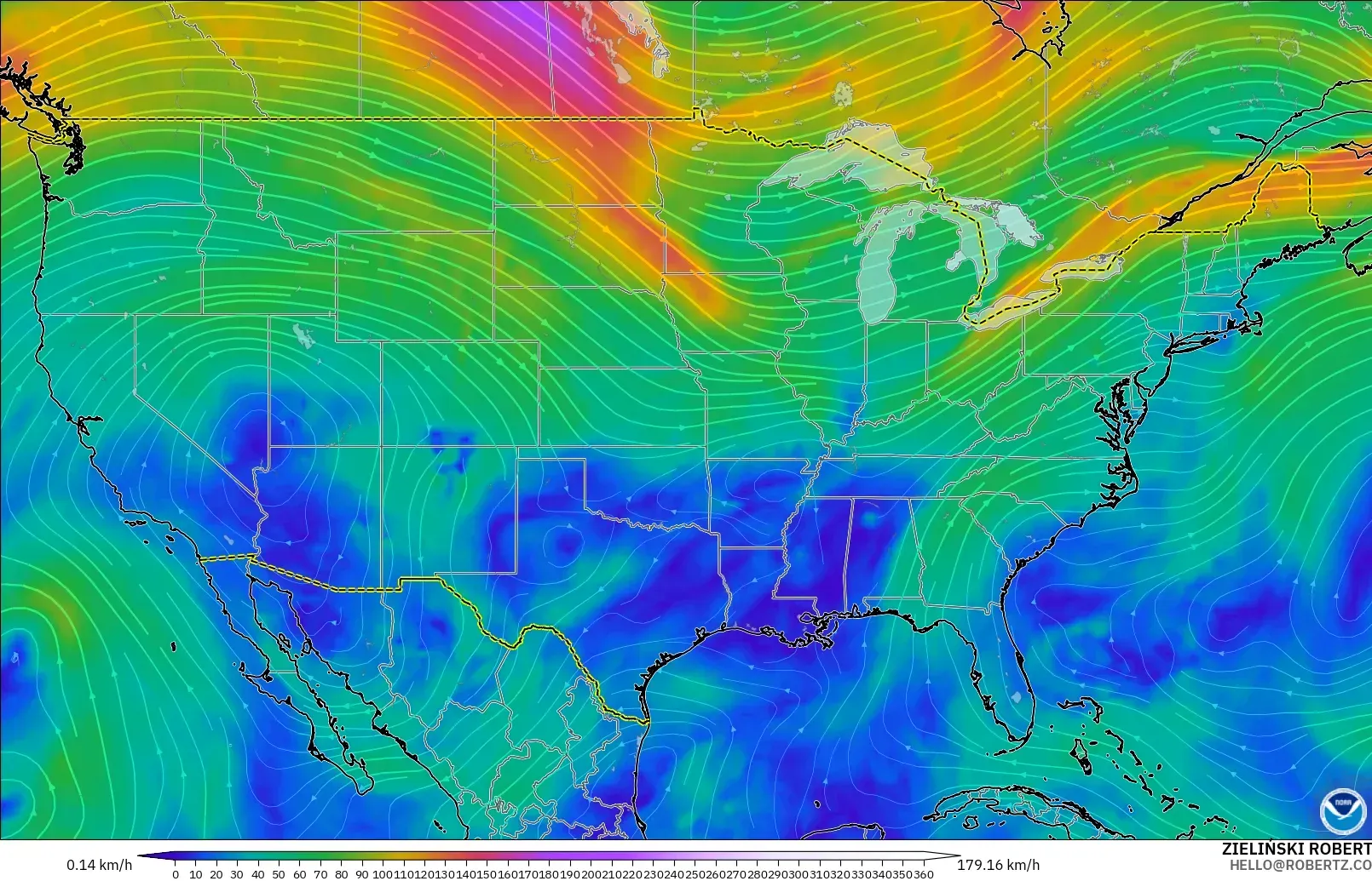 GFS model - Amerika Serikat, Angin 300 hPa (aliran jet)