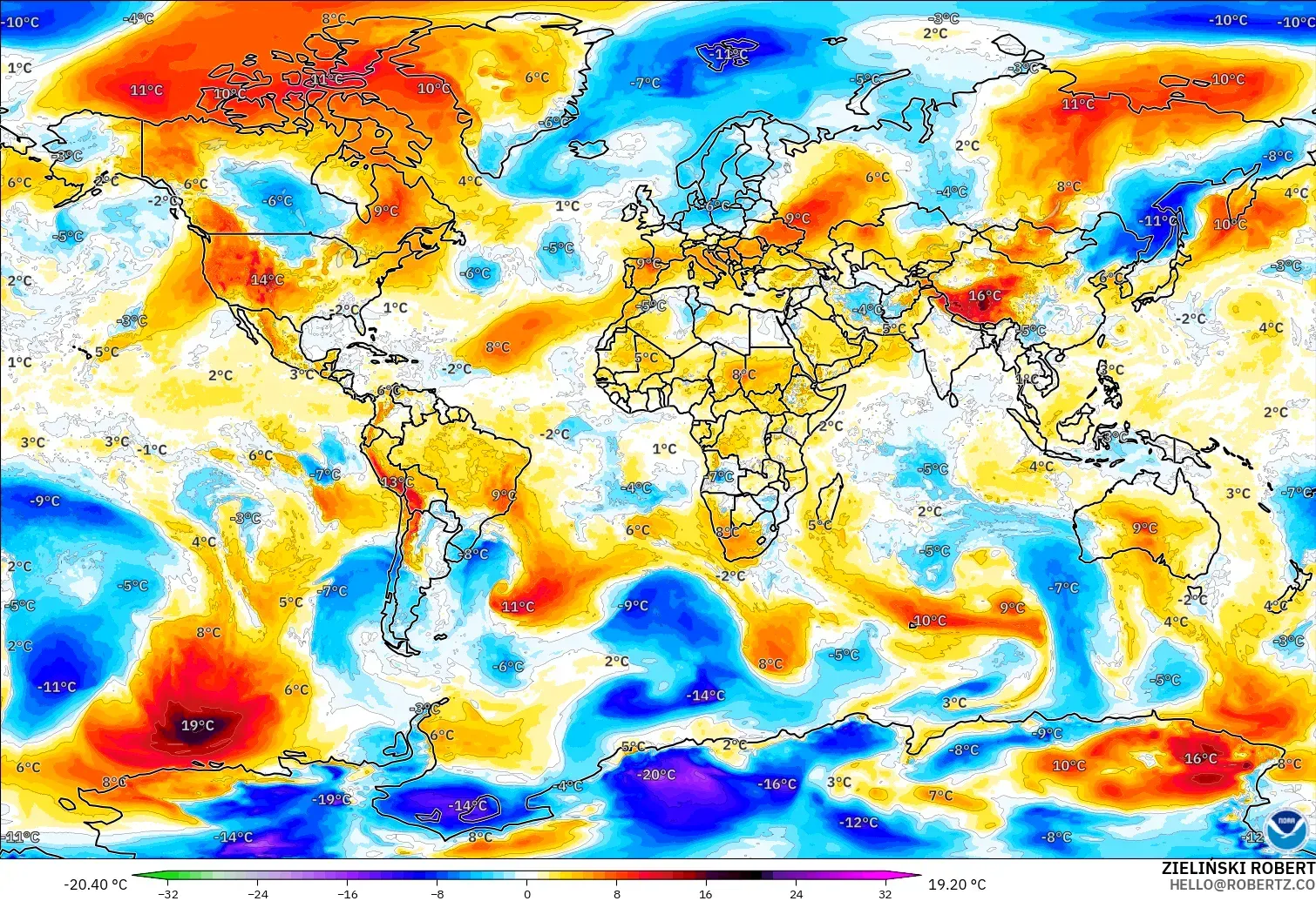 GFS model - Dunia, Anomali Suhu 850 hPa