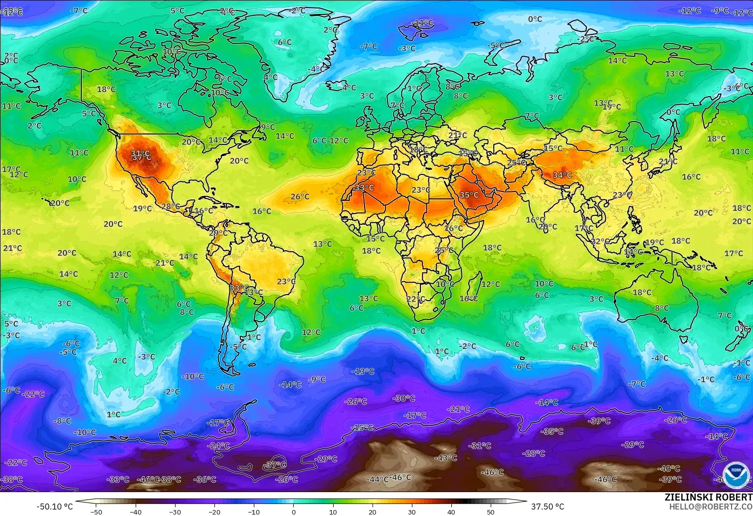 GFS model - Dunia, Suhu 850 hPa