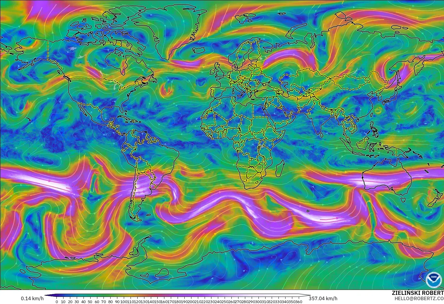 GFS model - Dunia, Angin 300 hPa (aliran jet)