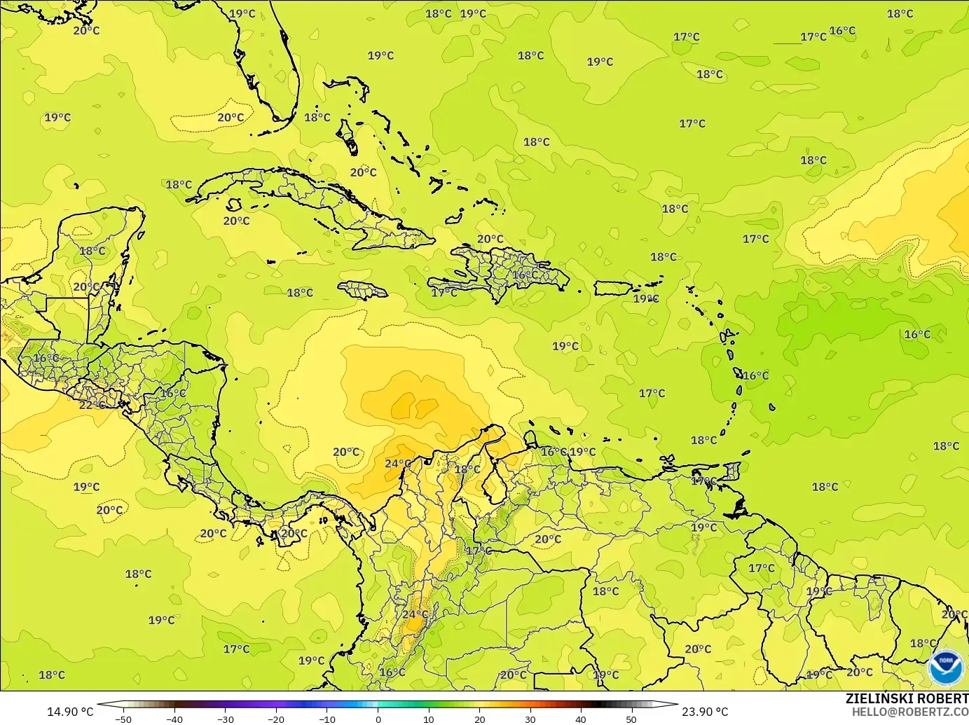 GFS model - Karibia, Suhu 850 hPa
