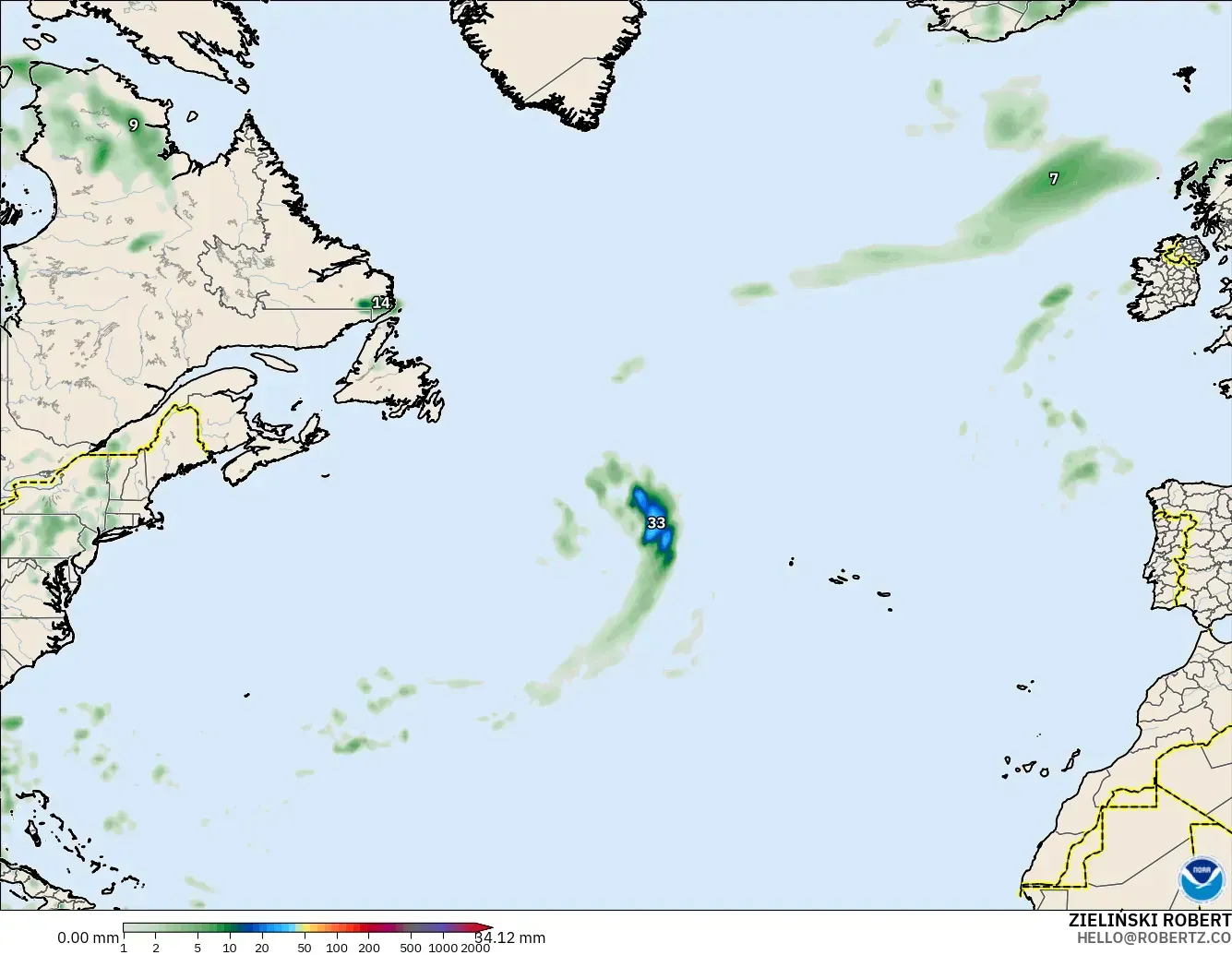 GFS model - Atlantik Utara, Akumulasi Curah Hujan