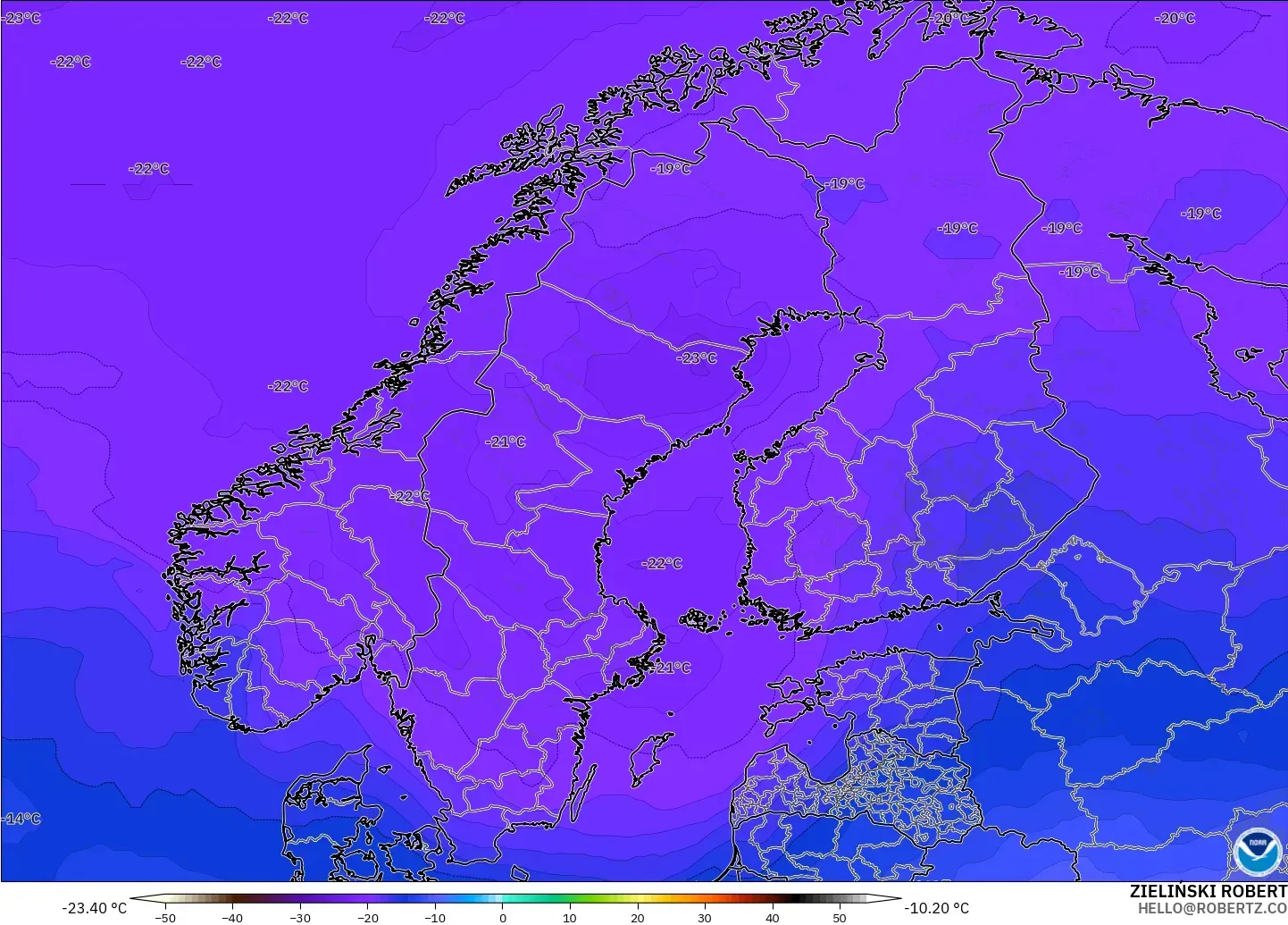 GFS model - Skandinavia, Suhu 500 hPa