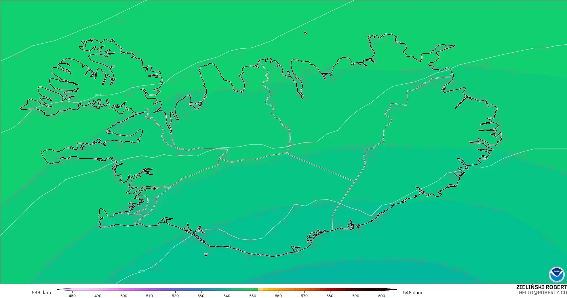 GFS model - Islandia, Ketinggian geopotensial pada 500 hPa