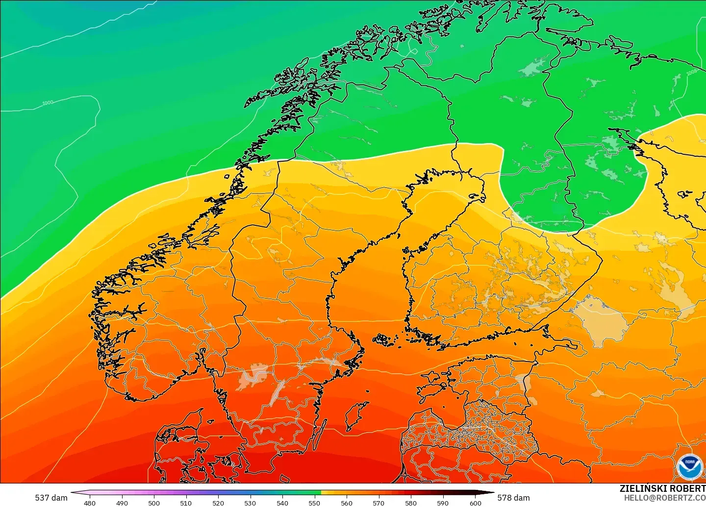 GFS model - Skandinavia, Ketinggian geopotensial pada 500 hPa