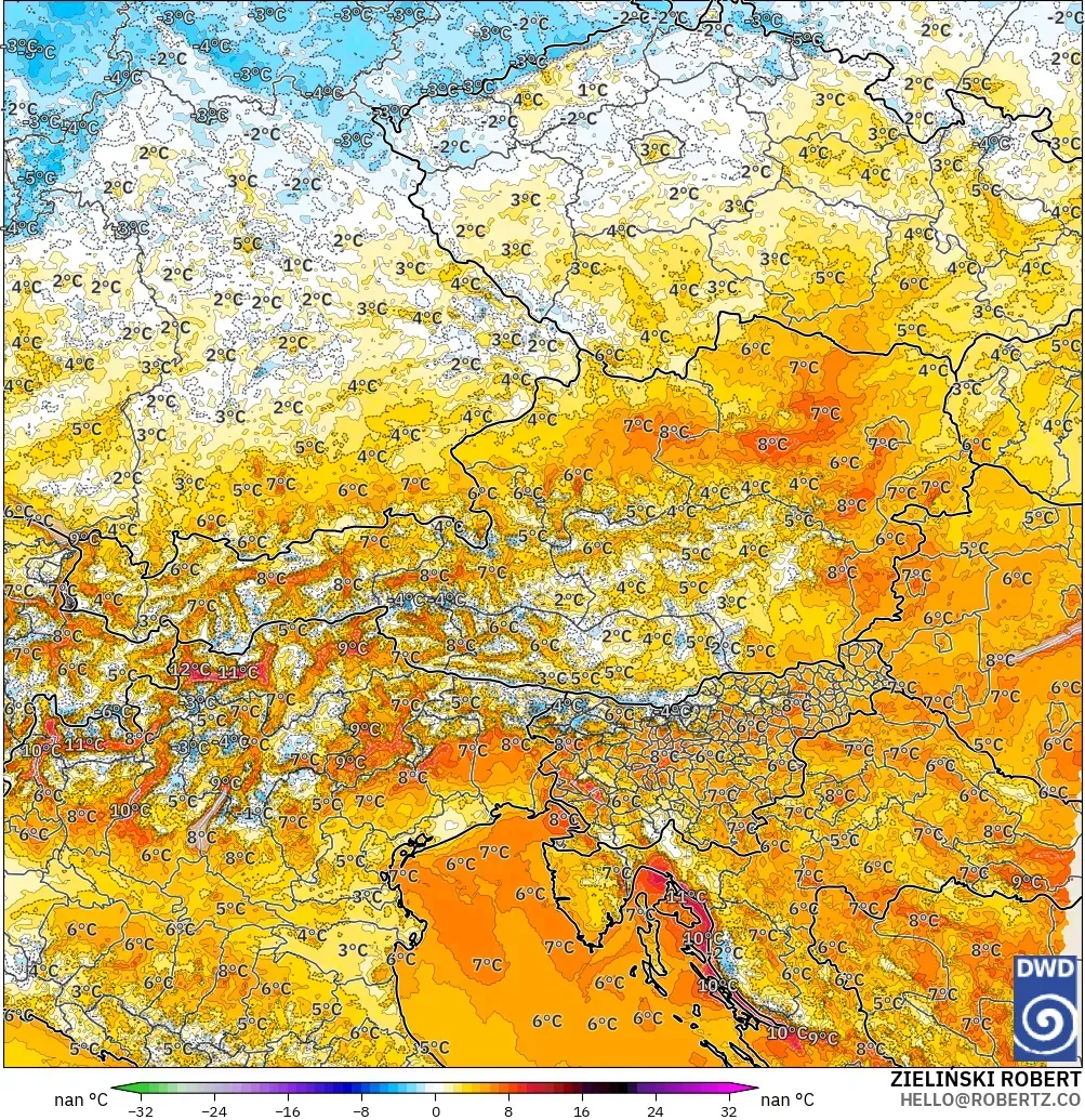 ICON Alemania 2 km model - Austria, Anomali Suhu 2 m