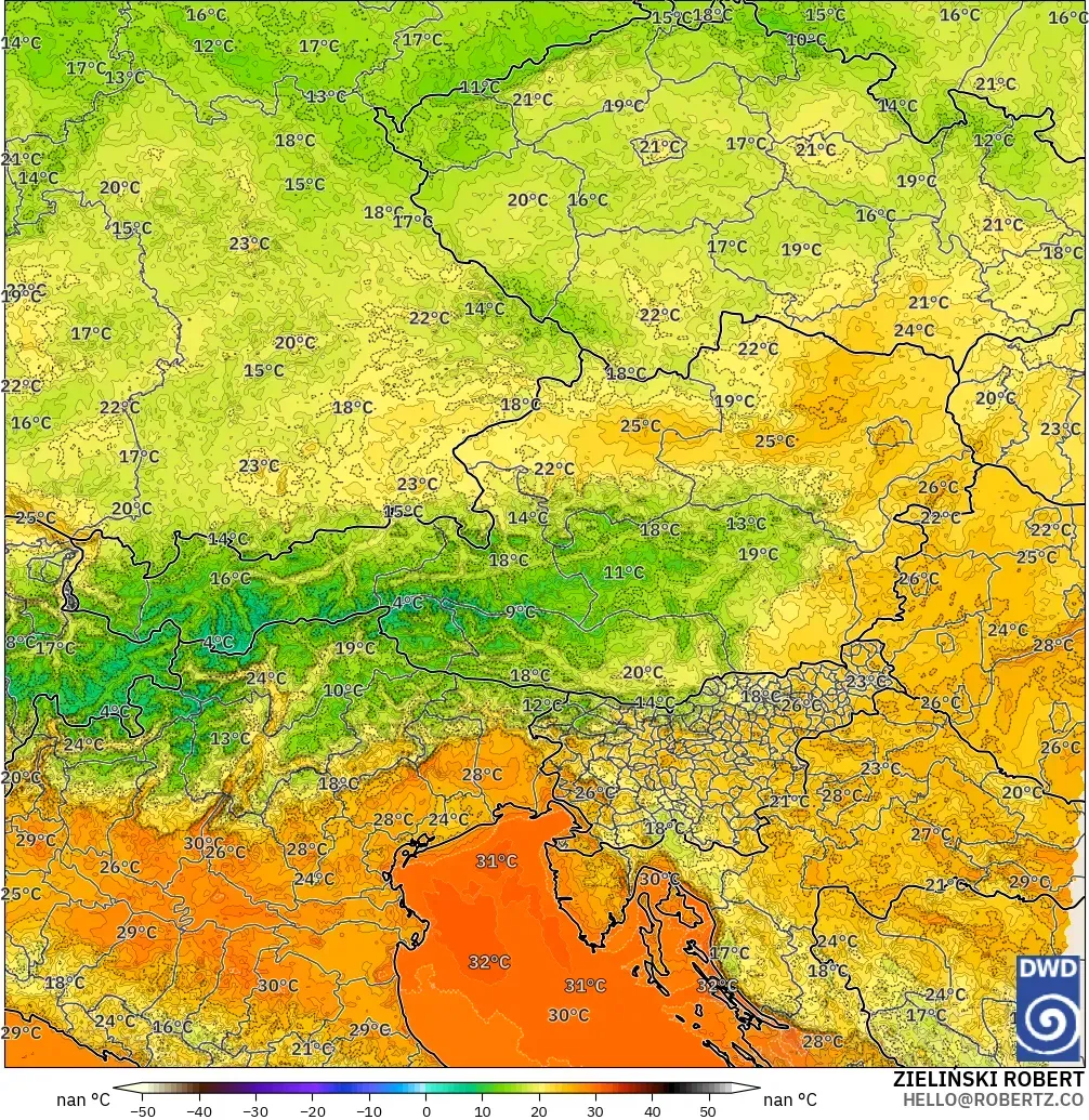 ICON Alemania 2 km model - Austria, Suhu 2 m