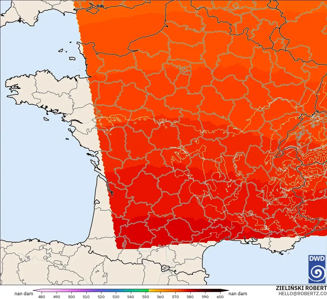 ICON Alemania 2 km model - Prancis, Ketinggian geopotensial pada 500 hPa