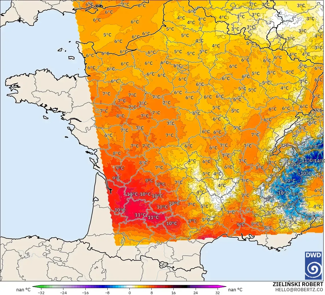 ICON Alemania 2 km model - Prancis, Anomali Suhu 850 hPa