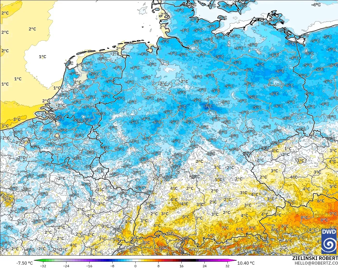 ICON Alemania 2 km model - Jerman, Anomali Suhu 2 m