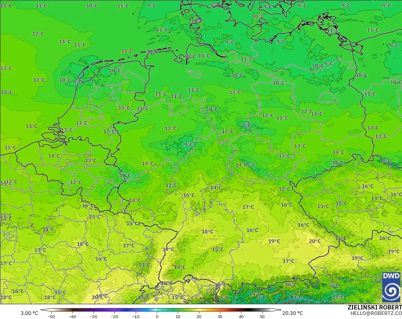 ICON Alemania 2 km model - Jerman, Suhu 850 hPa