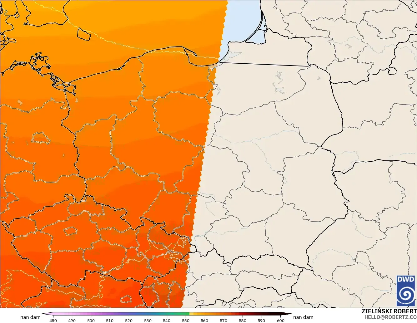 ICON Alemania 2 km model - Polandia, Ketinggian geopotensial pada 500 hPa