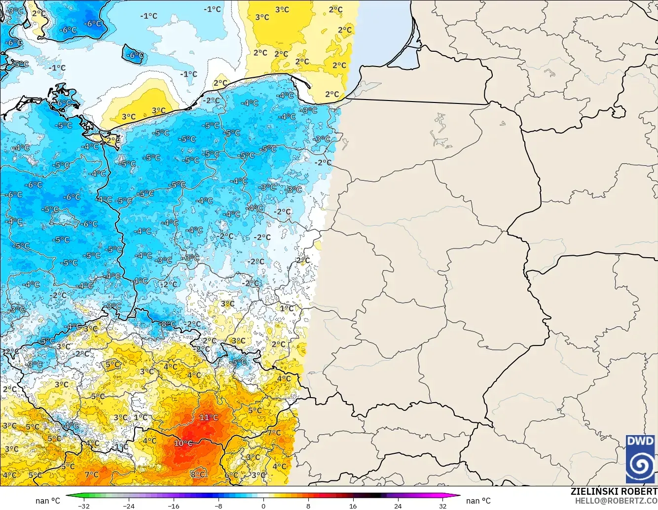 ICON Alemania 2 km model - Polandia, Anomali Suhu 2 m
