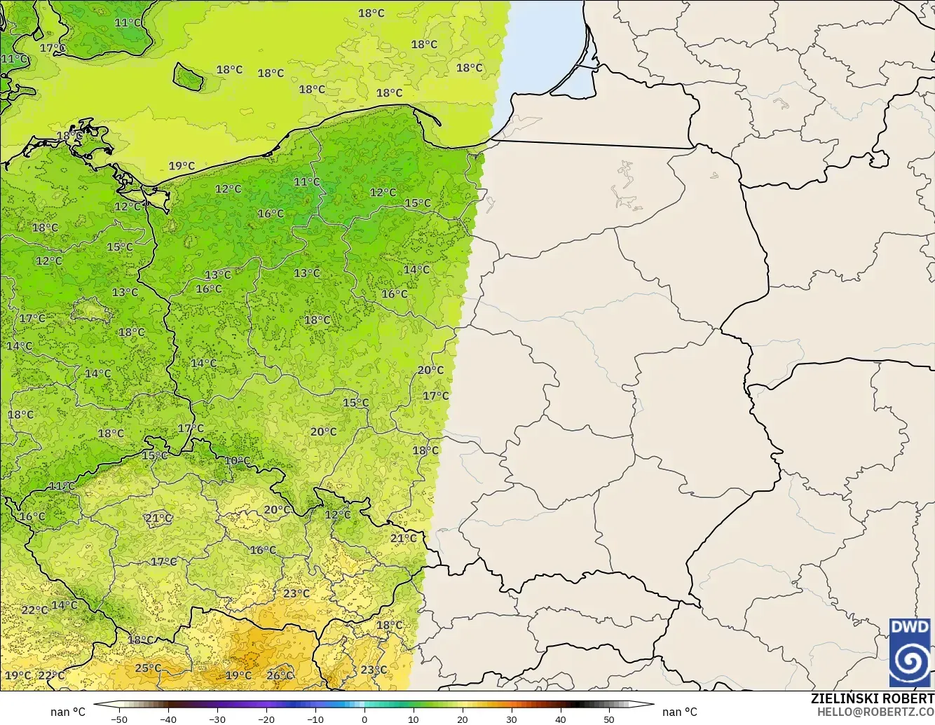 ICON Alemania 2 km model - Polandia, Suhu 2 m