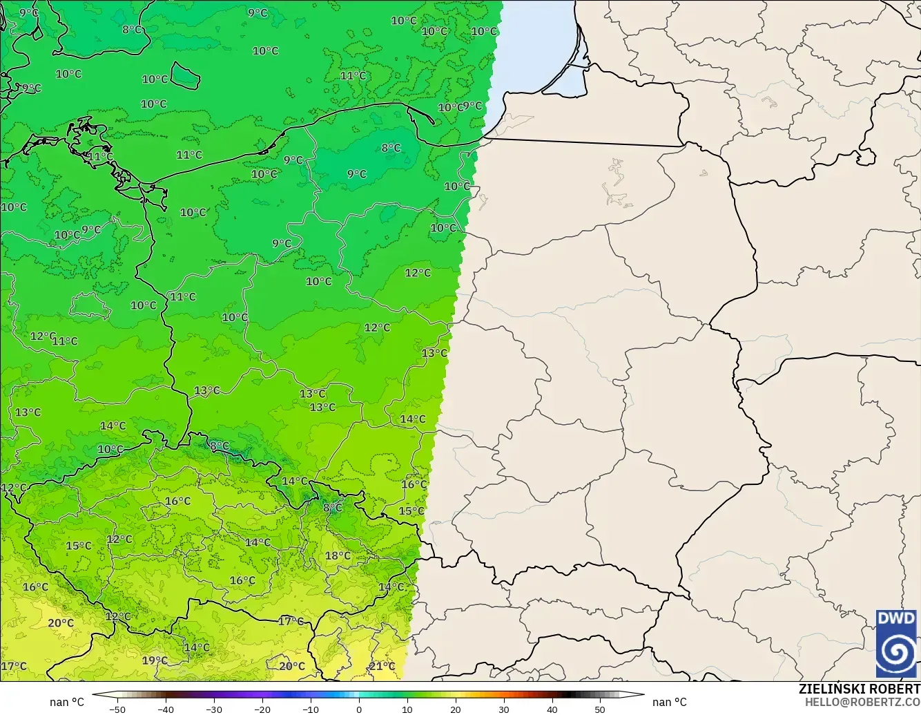 ICON Alemania 2 km model - Polandia, Suhu 850 hPa