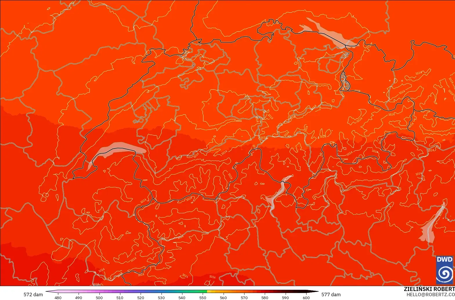 ICON Alemania 2 km model - Swiss, Ketinggian geopotensial pada 500 hPa