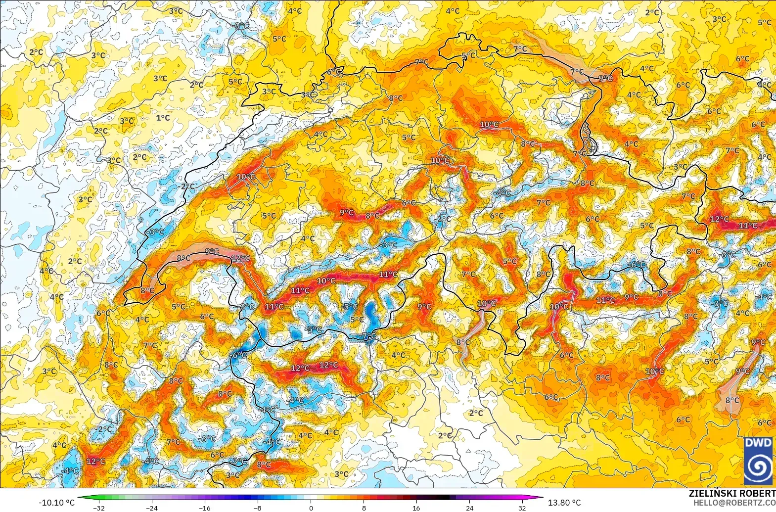 ICON Alemania 2 km model - Swiss, Anomali Suhu 2 m
